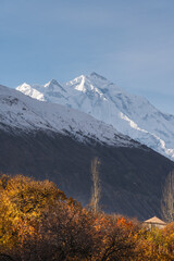 Rakaposhi mountain peak view from Hunza valley in autumn season, Karakoram mountains range in north Pakistan