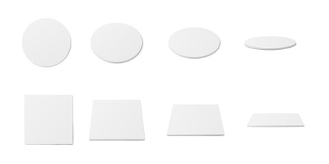 White coaster mockup set - realistic blank circle and square pads - obrazy, fototapety, plakaty
