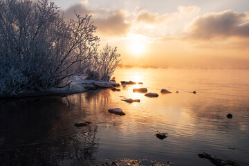 Morning on the river. Winter landscape