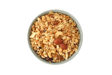 Bowl with tasty granola isolated on white background
