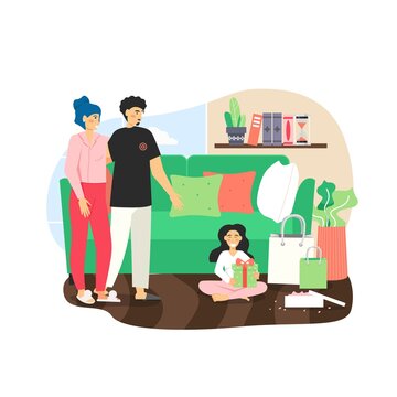Parents looking at daughter sitting on the floor with gift box and bags full of birthday presents, vector illustration.