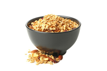 Bowl with granola isolated on white background