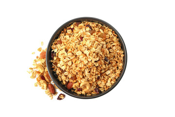 Bowl with granola isolated on white background