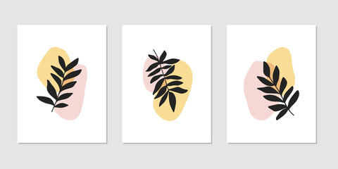Flat vector illustration set. Abstract digital shape with plant isolated on white background. Scandinavian style. Botanical trendy print, modern design element. Modern wall art, boho home decor