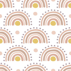 Vector seamless pattern. Hand drawn boho nursery rainbow illustration. Cute design for baby shower, kids and baby clothes print, poster for nursery room, card.