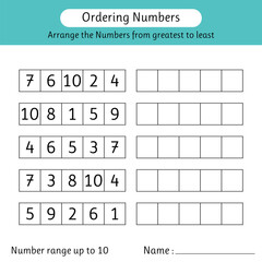 Ordering numbers worksheet. Arrange the numbers from greatest to least. Math. Number range up to 10