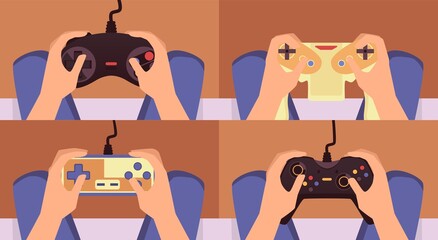 Vector cartoon illustrations with men hands holding the video game consoles © sabelskaya