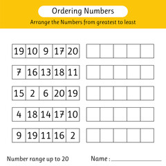Ordering numbers worksheet. Arrange the numbers from greatest to least. Math. Number range up to 20