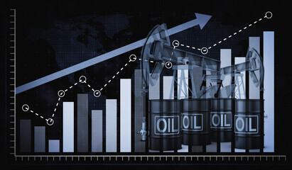Oil barrels on the background of the rising arrow of the graph. 3D rendering.