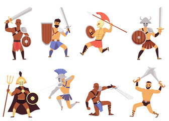 Fototapeta na wymiar Vector set of isolated characters gladiators or legionary in fighting poses.