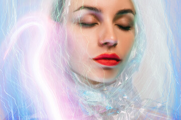 Neon light portrait. Skin rejuvenation. Face contouring. Futuristic technology. Double exposure of...