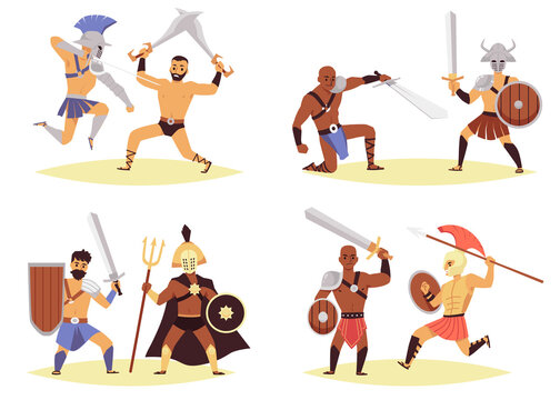 Ancient gladiator cartoon characters fighting, flat vector illustration isolated.