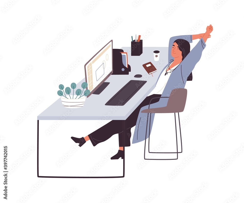 Poster Smiling woman sitting at desk having rest and stretching. Female office worker or clerk having break after working with computer. Flat vector illustration isolated on white background