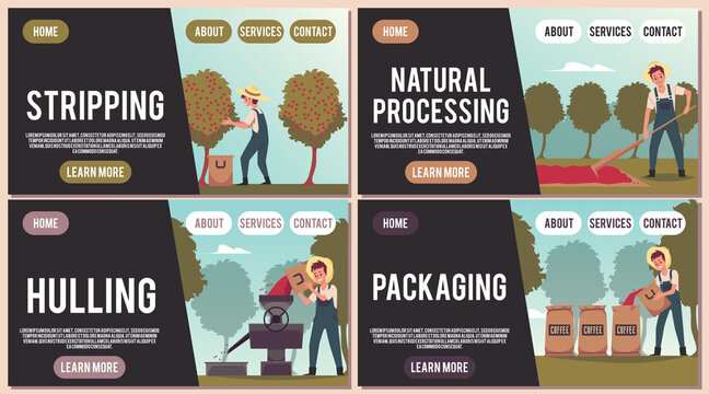 Website banners depicting process of coffee production flat vector illustration.