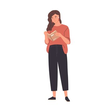 Happy modern young woman reading book standing isolated on white background. Smiling female reader enjoying literature or preparing for exam. Colorful flat vector illustration