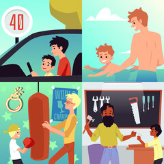 Fototapeta premium A set of flat vector illustrations with father and son spending time together.