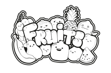 Cute fruit. Kawaii, black outline fruits: Banana, Apple, pear, peach, pomegranate, plum, watermelon, grape, kiwi, orange, pineapple, lemon