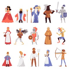 Set of noble and citizens of medieval town, flat vector illustration isolated.