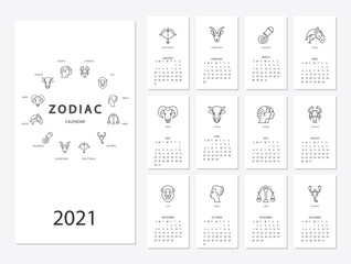 Calendar 2021 with horoscope signs zodiac symbols set
