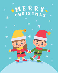 Fototapeta na wymiar Cute Christmas elves holding hands on snow scene background. Flat vector cartoon illustration with Merry Christmas text.