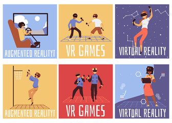 Virtual reality poster set - VR and augmented reality game players