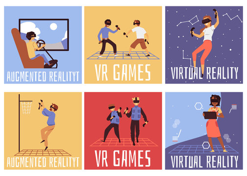 Virtual reality poster set - VR and augmented reality game players