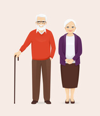 Mature senior couple in casual outfit standing. Old man and woman, grandparents isolated vector illustration.