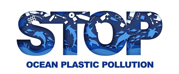Stop ocean plastic pollution typography banner template, vector illustration. Paper cut style underwater world, marine animals, plastic trash inside the letters. Ocean environmental problem, ecology. © Siberian Art