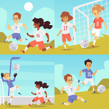 Set of posters with children play football or soccer flat vector illustration.