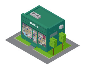 Vector Isometric Bicycle Shop Building With Showcase With Bicycles And Sport Accessories. 