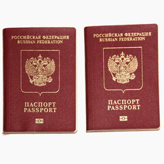 Two Russian international passports isolated on a white background
