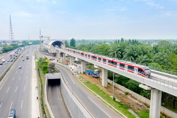 Drone view of LRT train moving during trial period