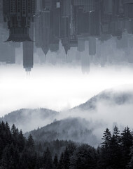 Urban skyline with smog clouds displayed over misty mountain scenery