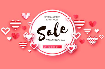 Happy Valentines Day. Super Sale poster template. February 14. Flying Love Hearts paper cut style. Romantic holiday. Circle frame for text.