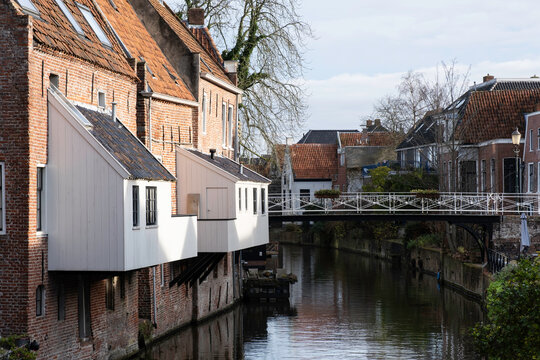 The famous 'hanging kitchens' over the Damsterdiep in the historic town of Appingedam, Groningen, the Netherlands