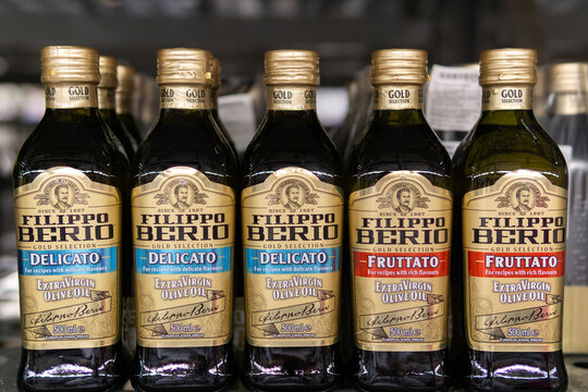 Tyumen, Russia-October 11, 2020: Filippo berio olive oil is sold on a supermarket shelf. selective focus
