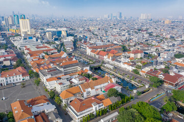 Fototapeta na wymiar Aerial view of Fatahillah Museum with dense housing