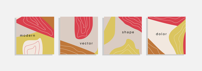 Fototapeta premium Vector set of minimal backgrounds with abstract organic shapes, hand draw line and sample text. Contemporary collage. Minimal stylish cover for branding design.