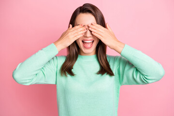 Portrait of nice pretty childish people arms cover face open mouth new sweater isolated on pink color background