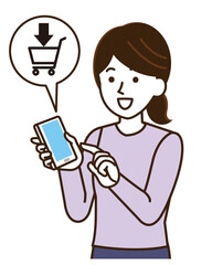 スマホを操作する女性　ネットで買い物をする　イラスト