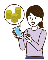 スマホを操作する女性　ポイントを貯める・使う　イラスト