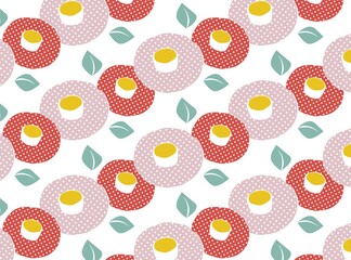 椿のシームレスパターン　どっと柄　赤、ピンク