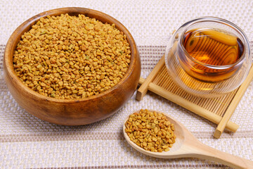 Fenugreek Seeds or MethiDana drink by speaking it in water overnight. close up