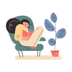 Happy young girl sitting in armchair and reading book at home