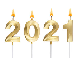 Burning golden candles isolated on white background, number 2021, new year concept