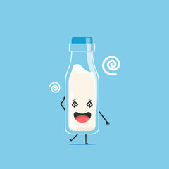 a bottle of white milk character feeling dizzy isolated on cyan background. a bottle of white milk character emoticon illustration