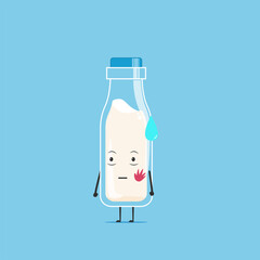 a bottle of white milk character got a slap on the face isolated on cyan background. a bottle of white milk character emoticon illustration