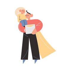 Happy young father in superhero costume carrying small daughter on shoulder