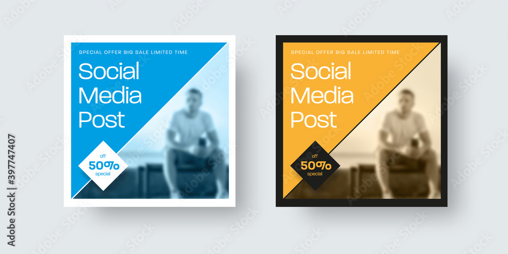 Poster vector square post template for newsletter, social media with diagonal design in blue, yellow color.