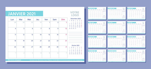2021 French planner. Calendar template. Vector. Week starts Monday. Calender layout with 12 month.Table schedule grid. Yearly stationery organizer. Simple illustration. Horizontal monthly diary